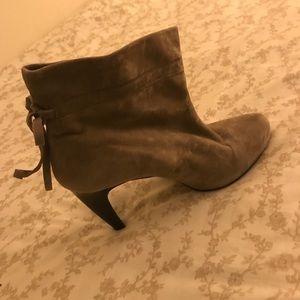 Zara, taupe suede bootie, tie back, split seam toe